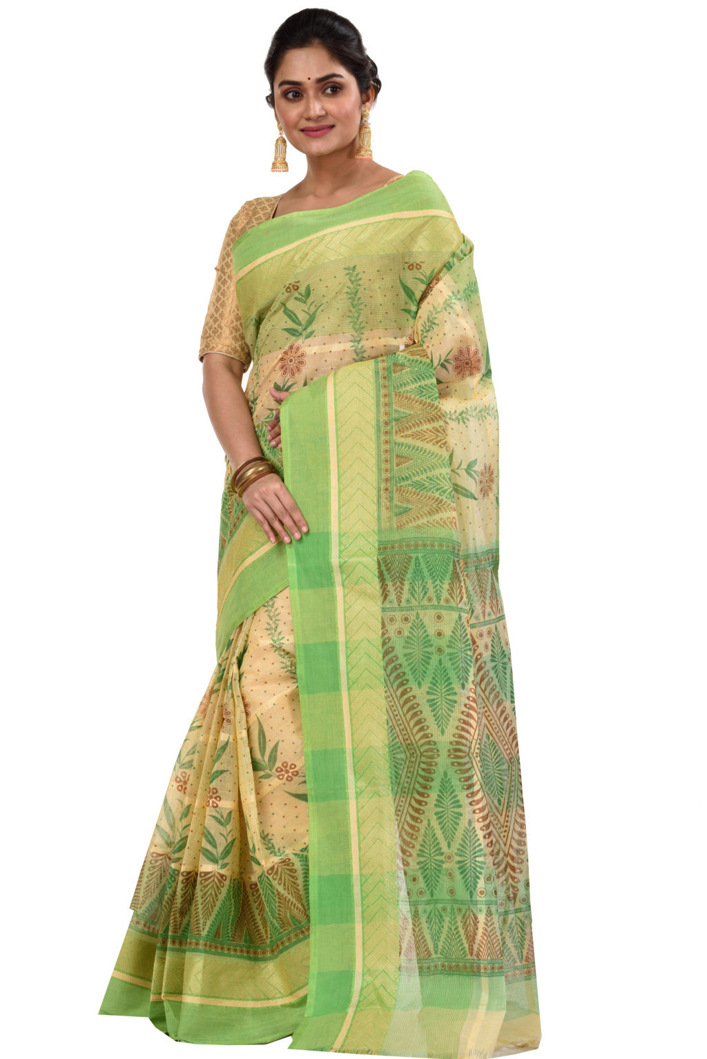 Green Pure Cotton Lata Pata Tant Saree Print (438)